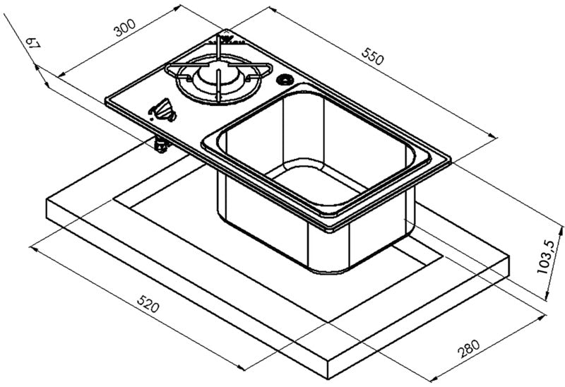 VanStream kook-spoelcombinatie, 550x334x150mm, 30mbar, 1,8kW (1xSR)