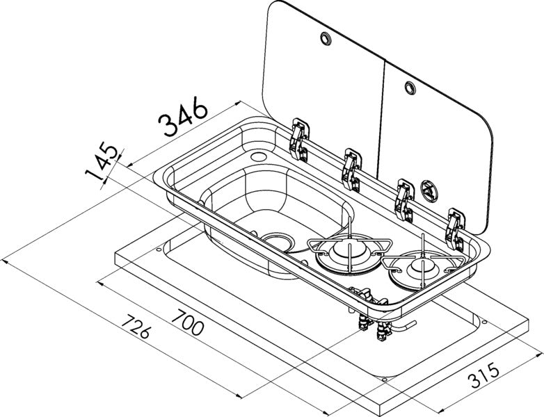 Kookplaat-spoelbakcombinatie 726x346x140mm 30mbar Piëzo-ontsteking