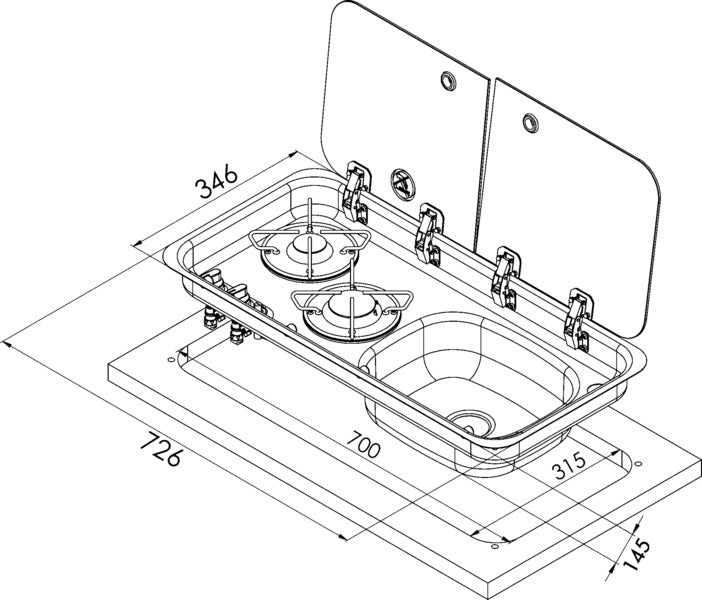 Kook-spoelcombinatie, 726x346x140mm, 30mbar, piëzo-ontsteking, spoelbak rechts
