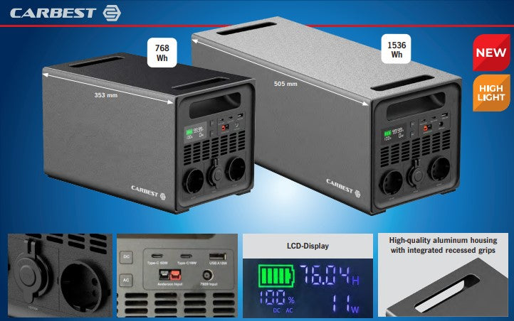 Carbest EnergyQube 1600, Powerstation met 2000W Sinusomvormer en MPPT laadregelaar, 1536Wh LifePO4 Lithium accu