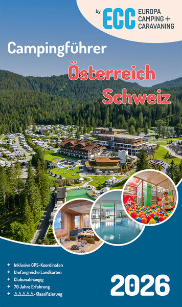 ECC-campinggids: Europe Camping + Caravan 2026 – Oostenrijk/Zwitserland
