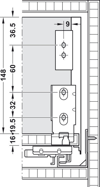 Maattekening: achterwand en bevestigingspunten – ladehoogte 175 mm