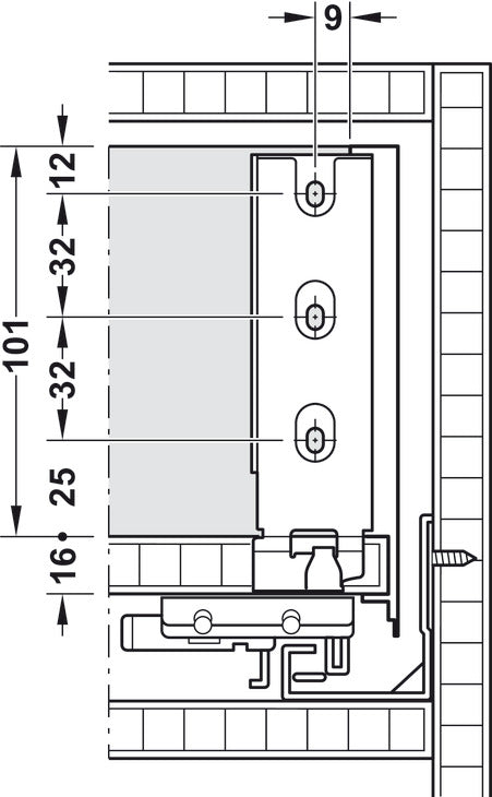 Maattekening: achterwand en bevestigingspunten – ladehoogte 128 mm