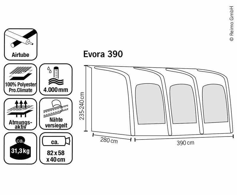 Caravan voortent EVORA 390 PRO CLIMATE, ademend