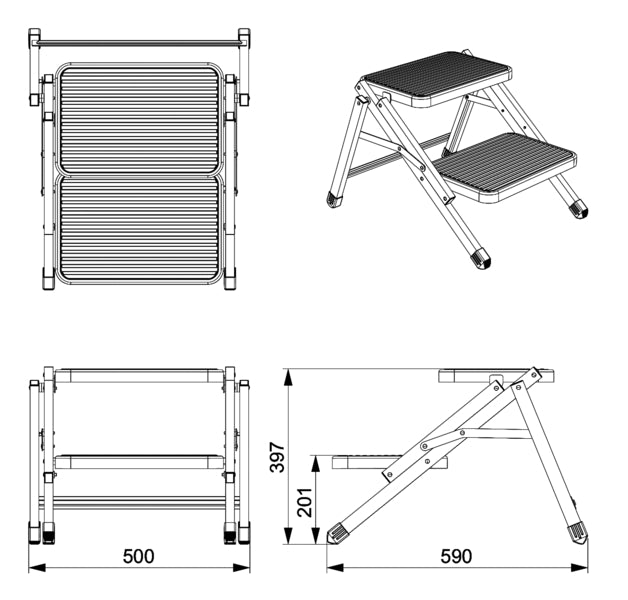 Dubbele trede, D59xB50xH40, tot 150kg, staal, 07x50x81,5cm