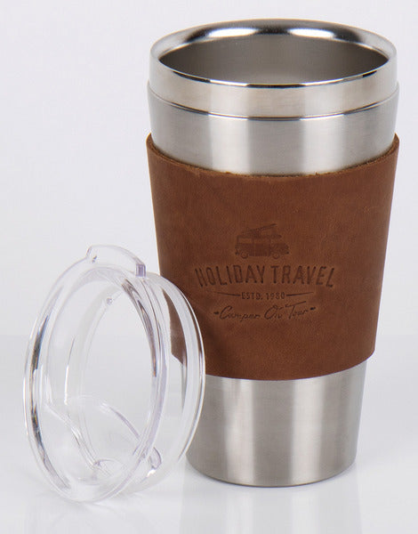 Roestvrijstalen zuignap HOLIDAY TRAVEL 450ml, met lederen mouw