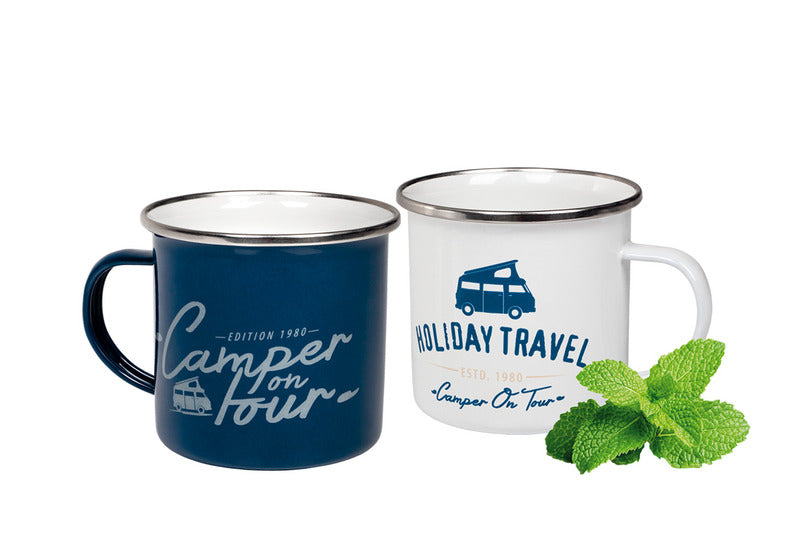 Emaille + beker 'BAY CITY' set van 2 stuks - wit/blauw, 400ml