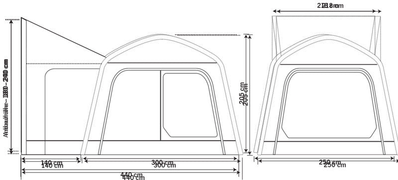Achtertent Movelite, luchttent, B250xT400xH180-240cm