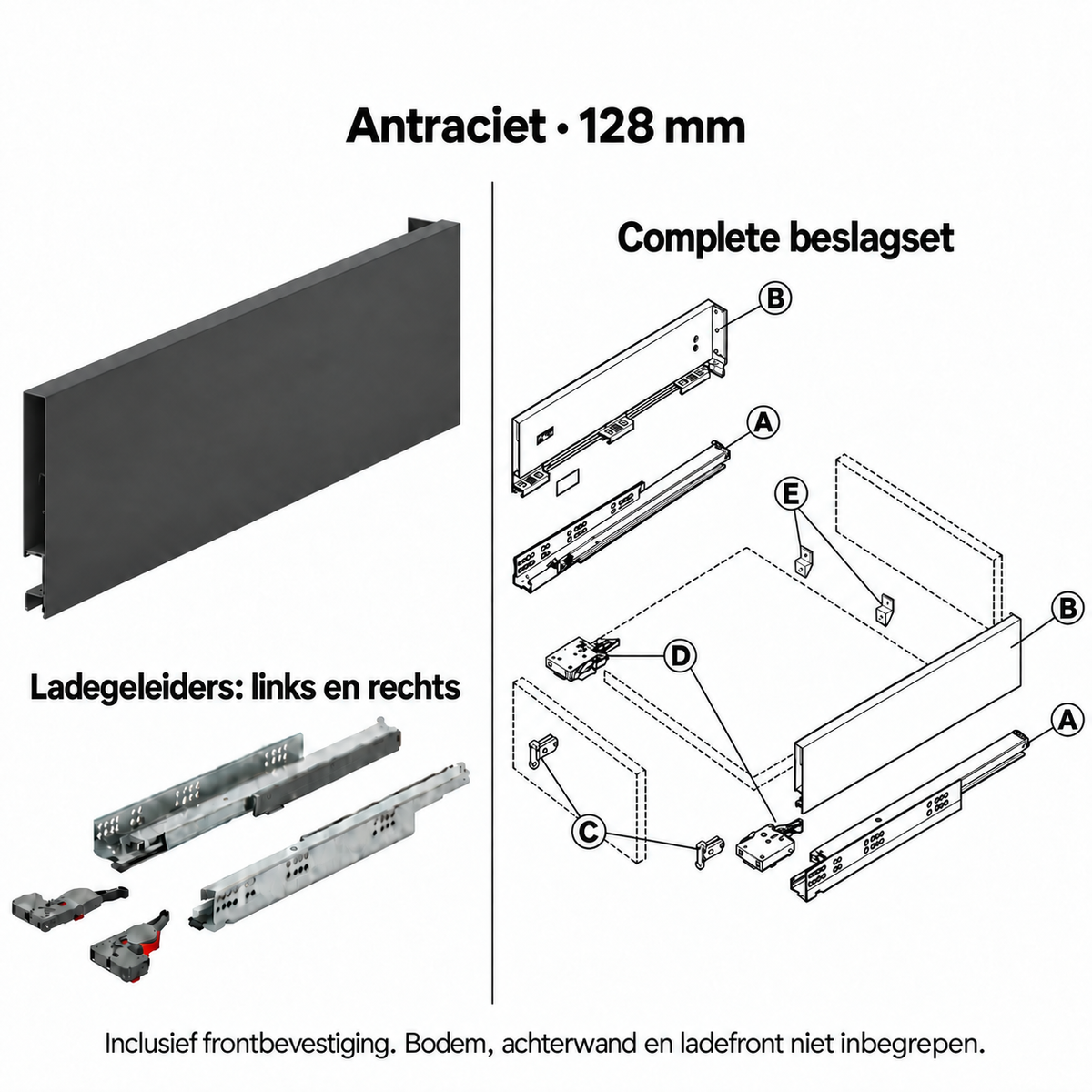 Ladebox beslagset – antraciet, 128 mm – zijwanden, linker en rechter geleider en frontbevestiging