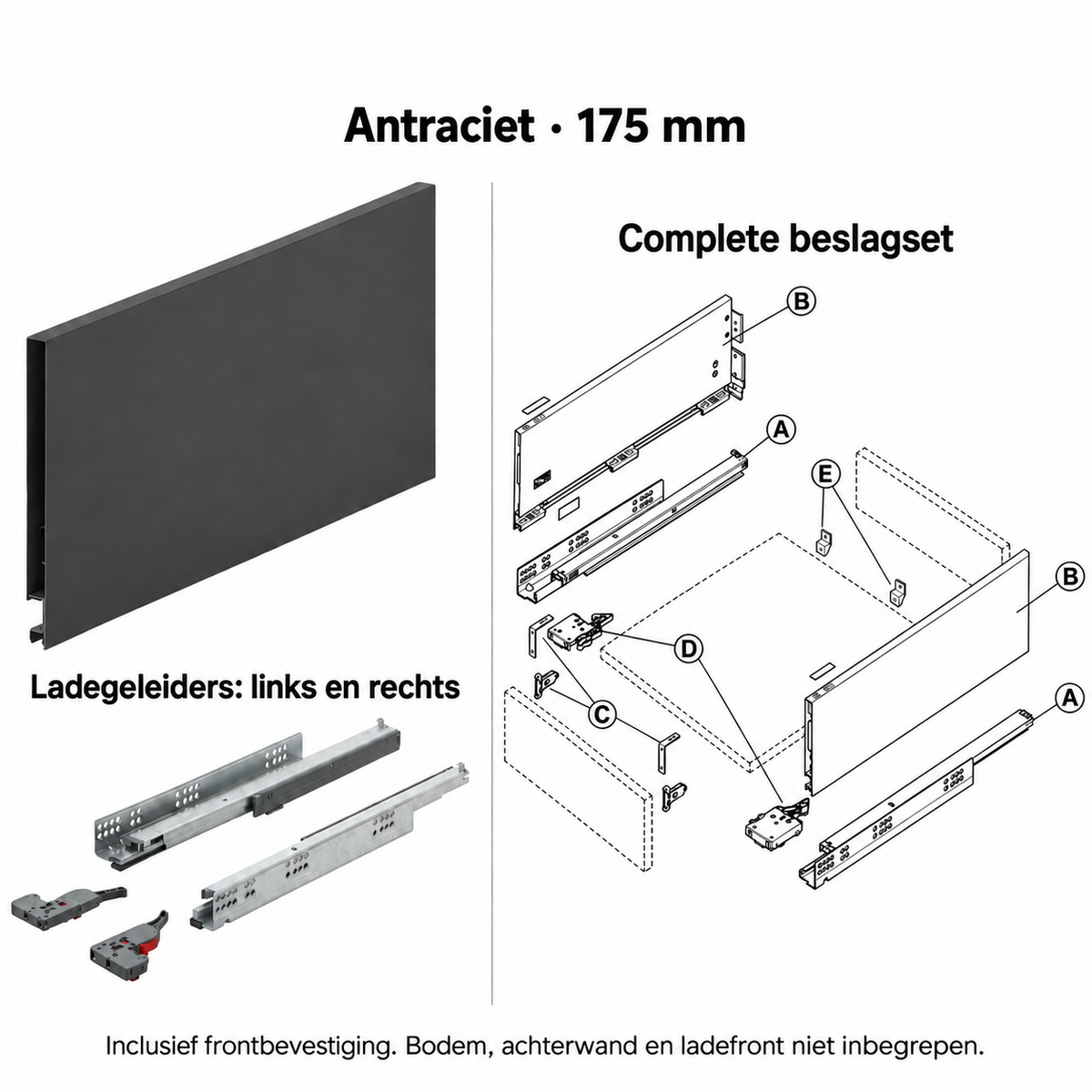 Ladebox beslagset – antraciet, 175 mm – zijwanden, linker en rechter geleider en frontbevestiging