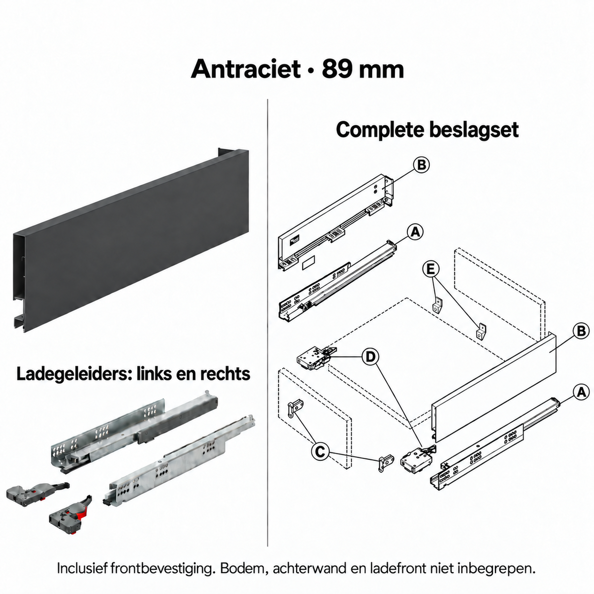 Ladebox beslagset – antraciet, 89 mm – zijwanden, linker en rechter geleider en frontbevestiging