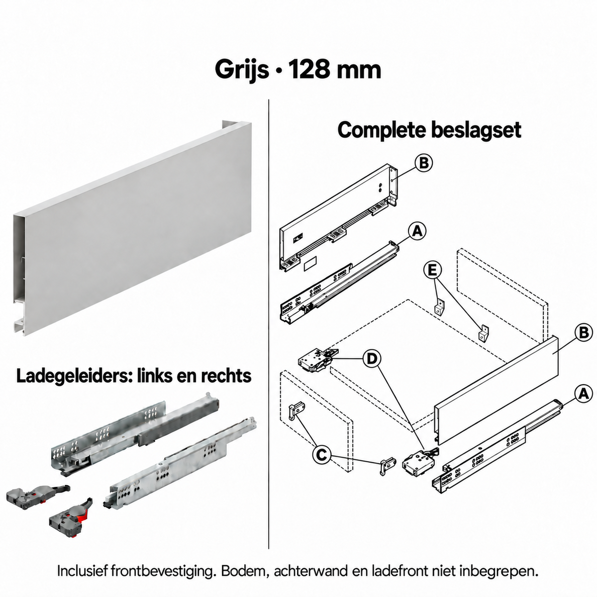 Ladebox beslagset – grijs, 128 mm – zijwanden, linker en rechter geleider en frontbevestiging