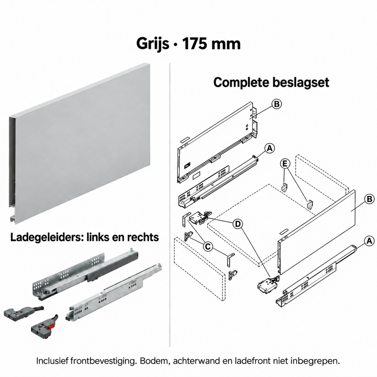 Ladebox beslagset – grijs, 175 mm – zijwanden, linker en rechter geleider en frontbevestiging