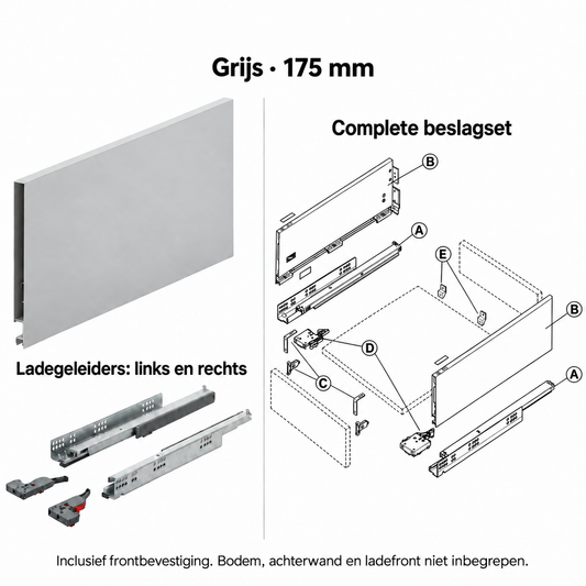 Ladebox beslagset – grijs, 175 mm – zijwanden, linker en rechter geleider en frontbevestiging