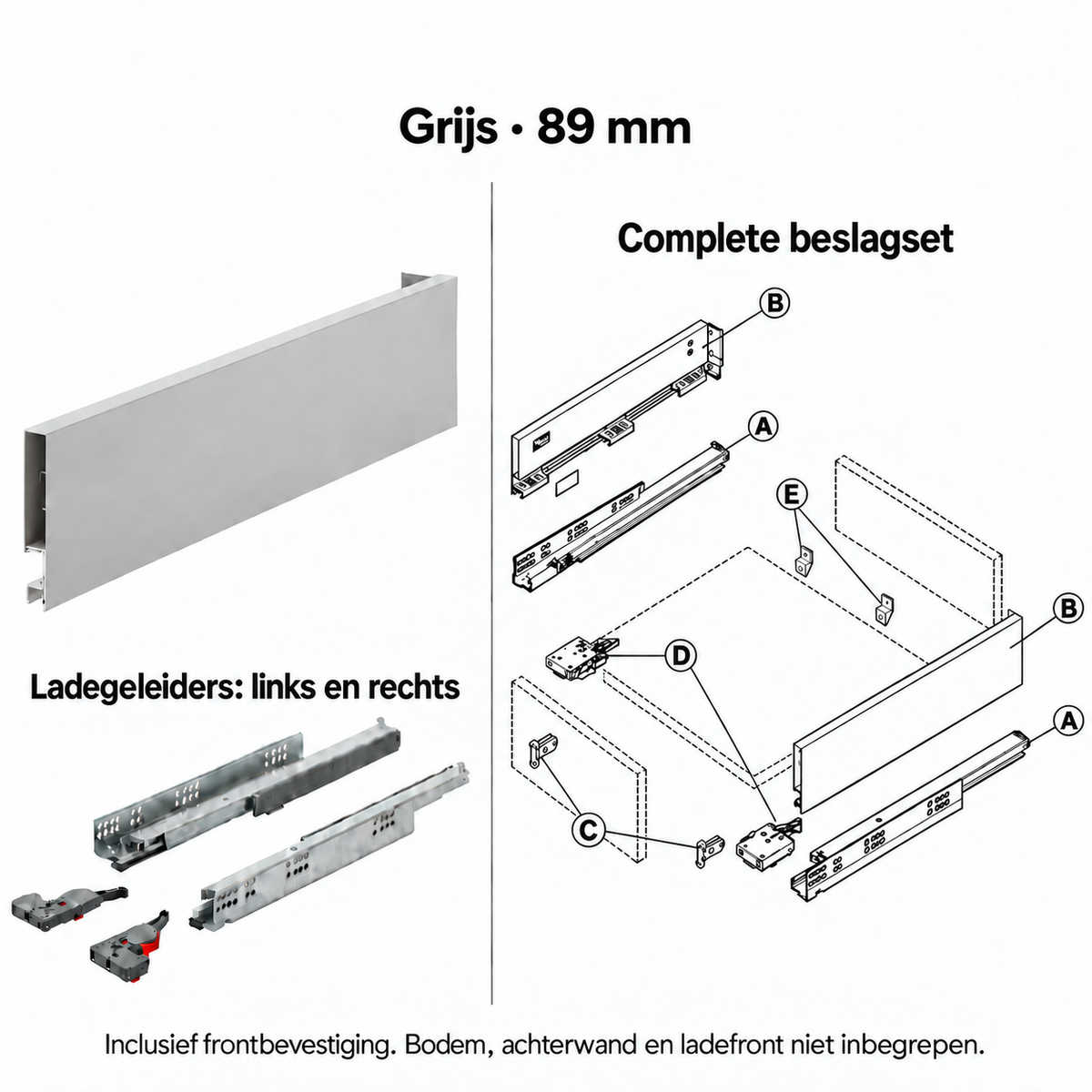 Ladebox beslagset – grijs, 89 mm – zijwanden, linker en rechter geleider en frontbevestiging