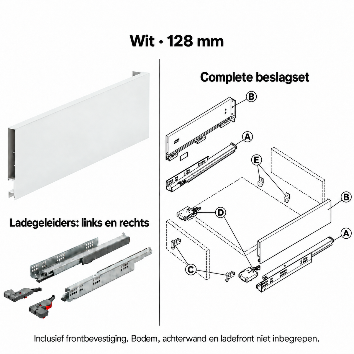 Ladebox beslagset – wit, 128 mm – zijwanden, linker en rechter geleider en frontbevestiging