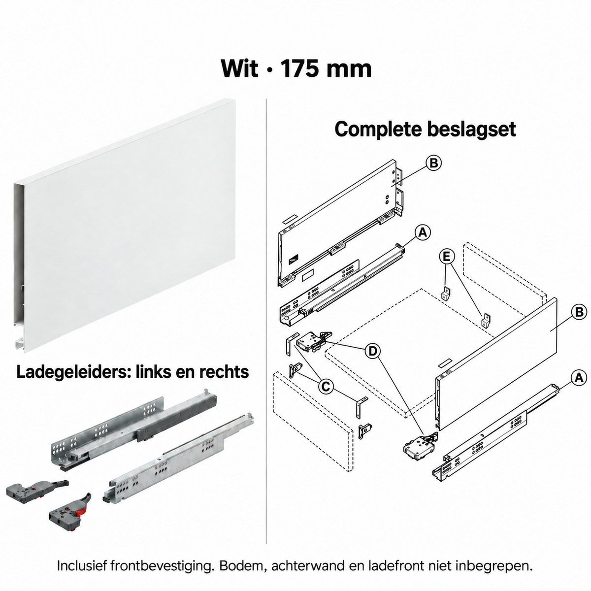Ladebox beslagset – wit, 175 mm – zijwanden, linker en rechter geleider en frontbevestiging