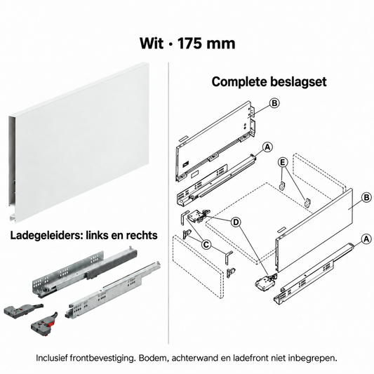 Ladebox beslagset – wit, 175 mm – zijwanden, linker en rechter geleider en frontbevestiging