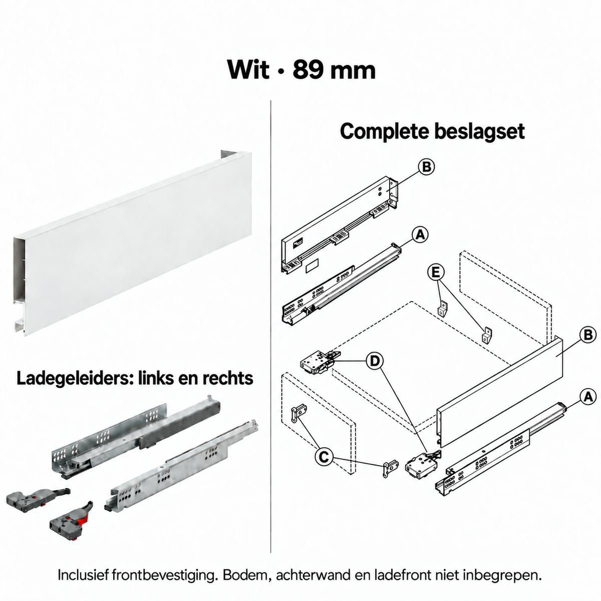 Ladebox beslagset – wit, 89 mm – zijwanden, linker en rechter geleider en frontbevestiging