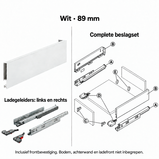 Ladebox beslagset – wit, 89 mm – zijwanden, linker en rechter geleider en frontbevestiging