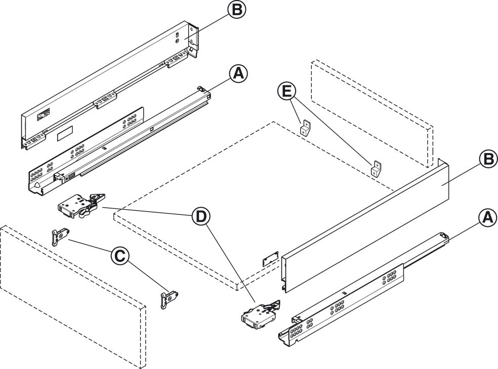 Onderdelenoverzicht van de complete ladebeslagset – 89 mm hoog