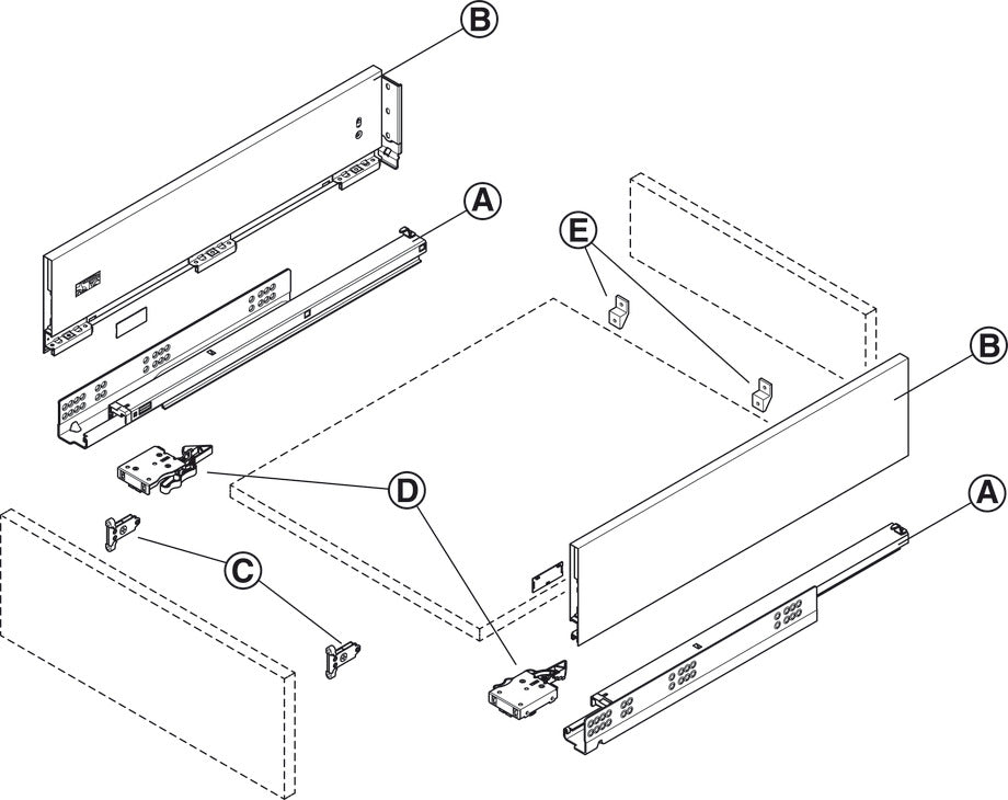 Onderdelenoverzicht van de complete ladebeslagset – 128 mm hoog