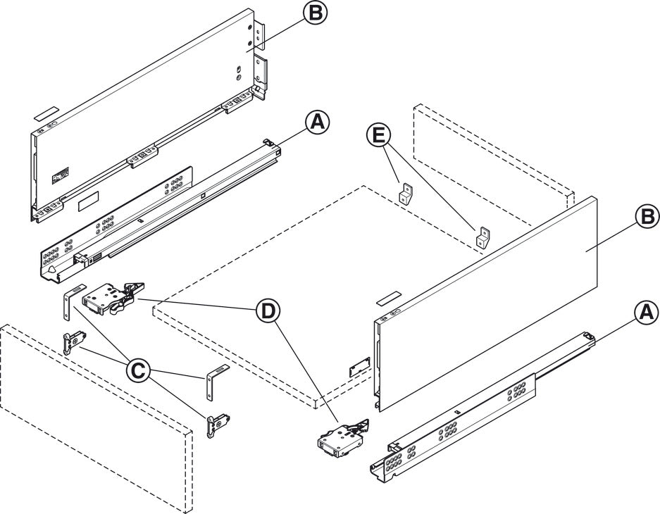 Onderdelenoverzicht van de complete ladebeslagset – 175 mm hoog