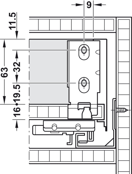Maattekening: achterwand en bevestigingspunten – ladehoogte 89 mm