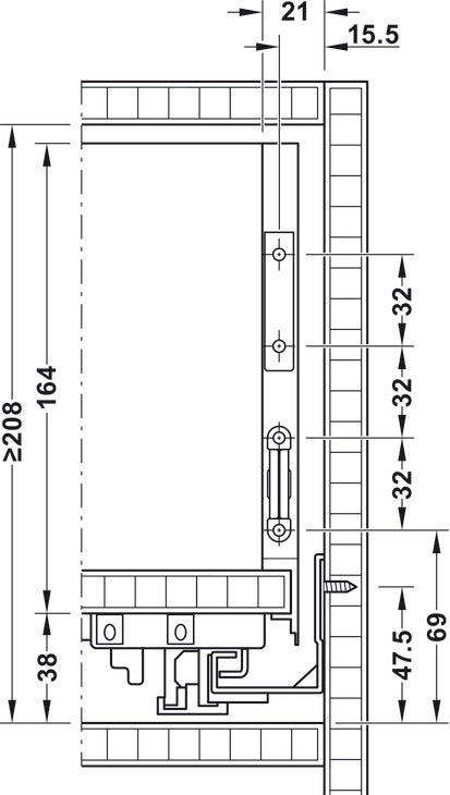 Maattekening: inbouwruimte en frontbevestiging – ladehoogte 175 mm