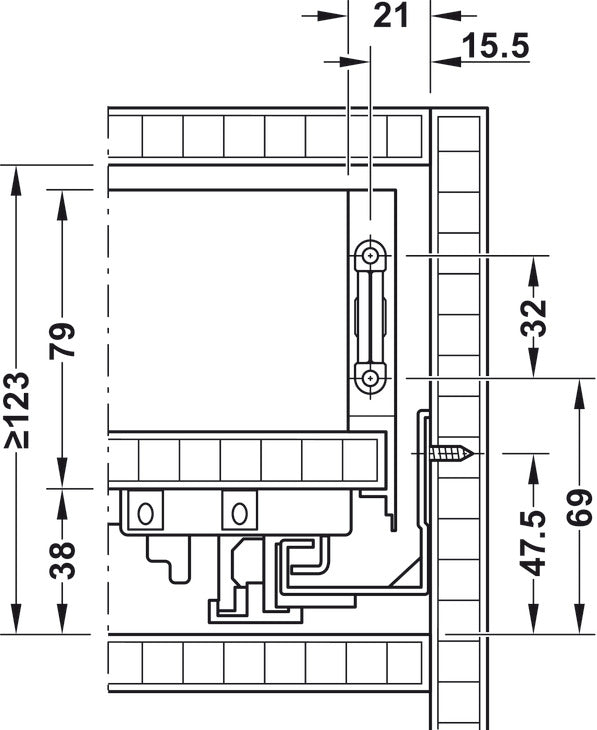 Maattekening: inbouwruimte en frontbevestiging – ladehoogte 89 mm