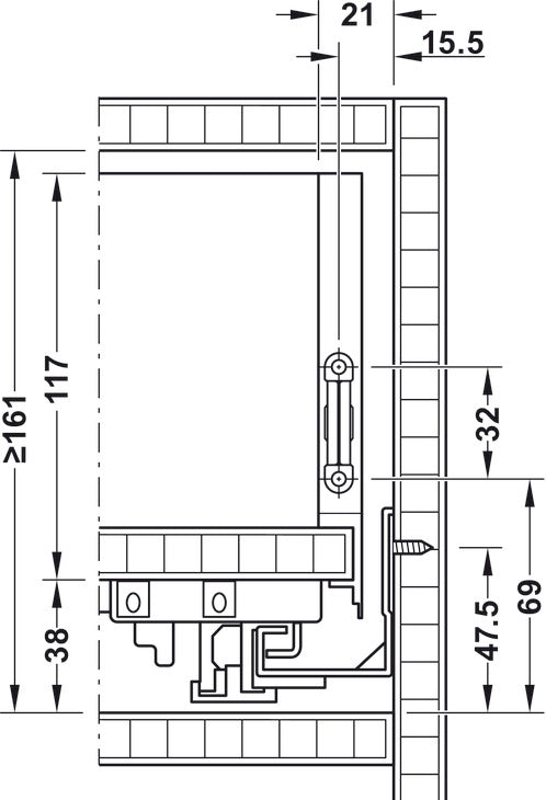 Maattekening: inbouwruimte en frontbevestiging – ladehoogte 128 mm